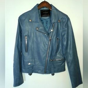 Maysome Flint Blue Faux Vegan Leather Moto Biker jacket size S-M Korean Brand
